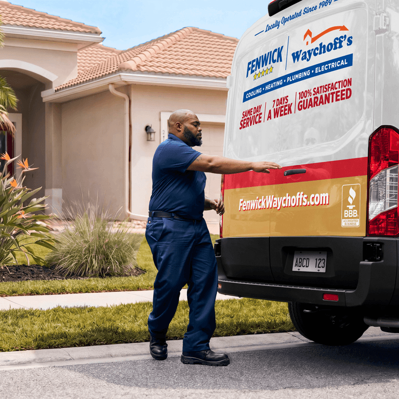 A Fenwick Waychoff's technician arrives at a home ready to provide expert HVAC, plumbing, and electrical services.